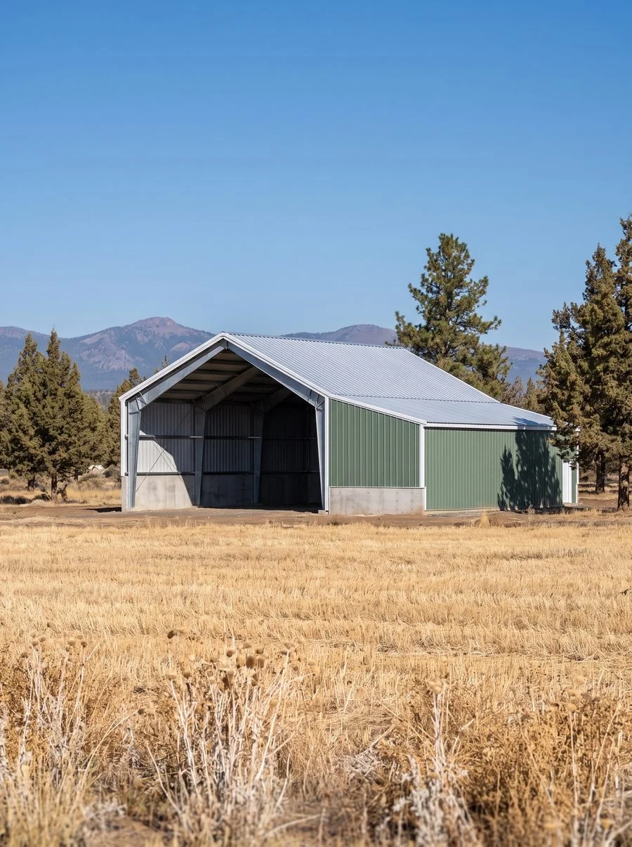 A steel agricultural building with an open equipment bay on dry farmland