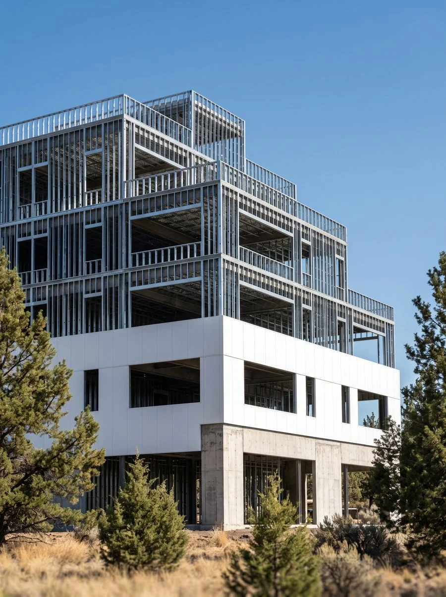 A multi-story commercial building under construction with open steel framing above a finished base