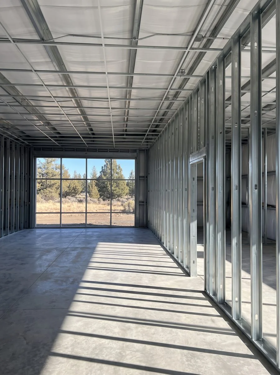 Freshly framed cold-formed steel partition walls inside a retail fit-out