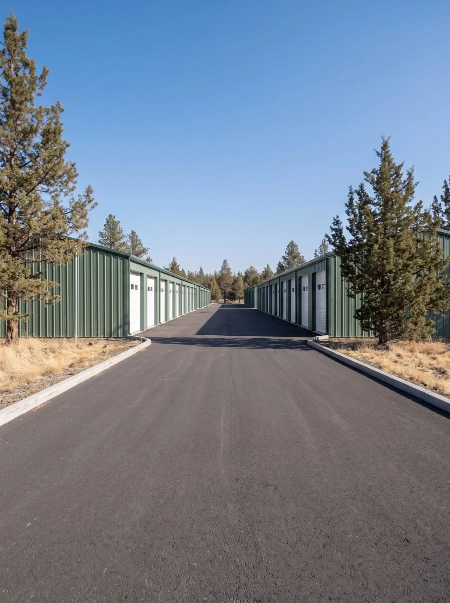 A drive aisle between two long rows of drive-up storage units
