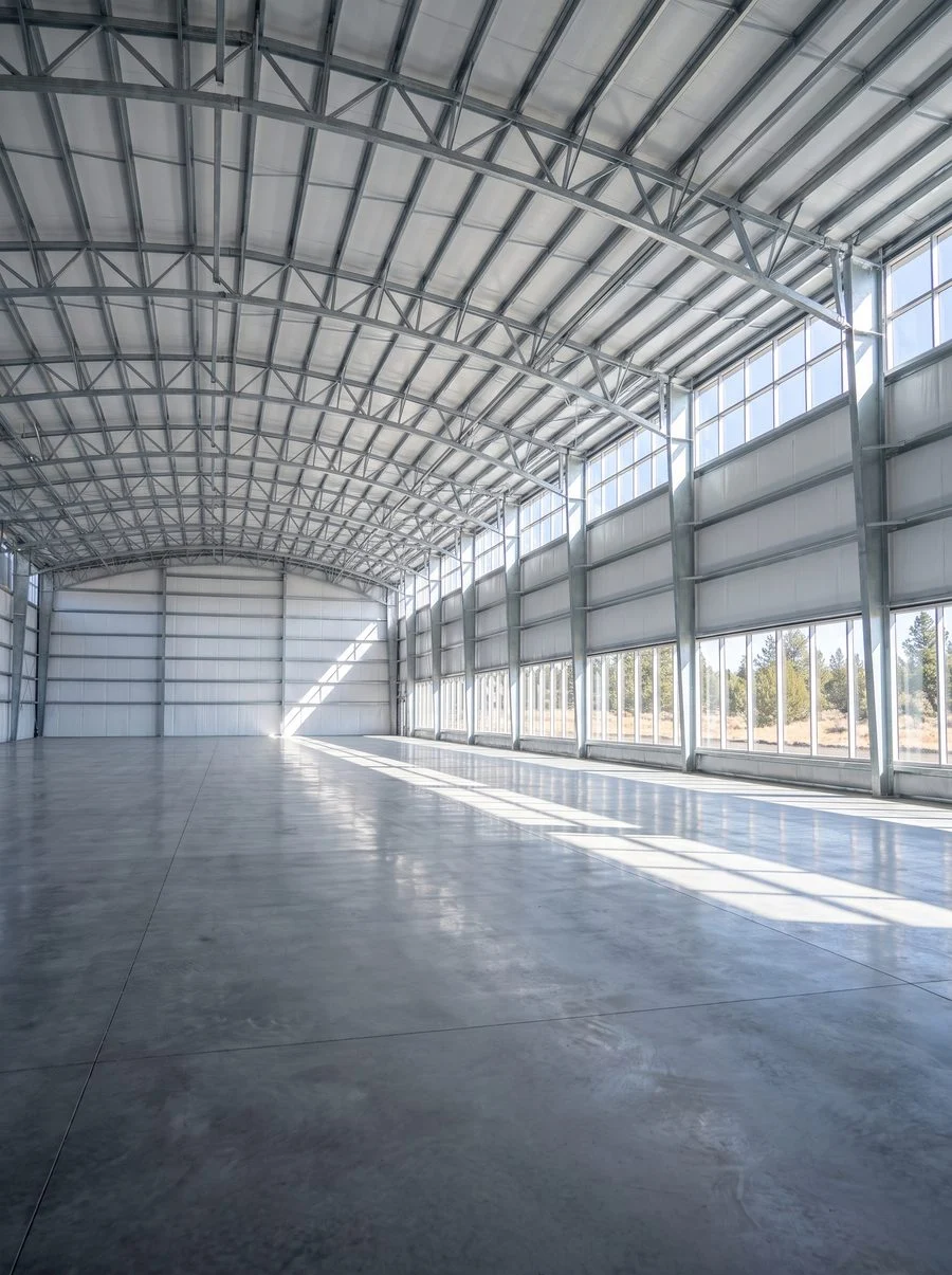 Interior of a finished clear-span warehouse with no interior columns