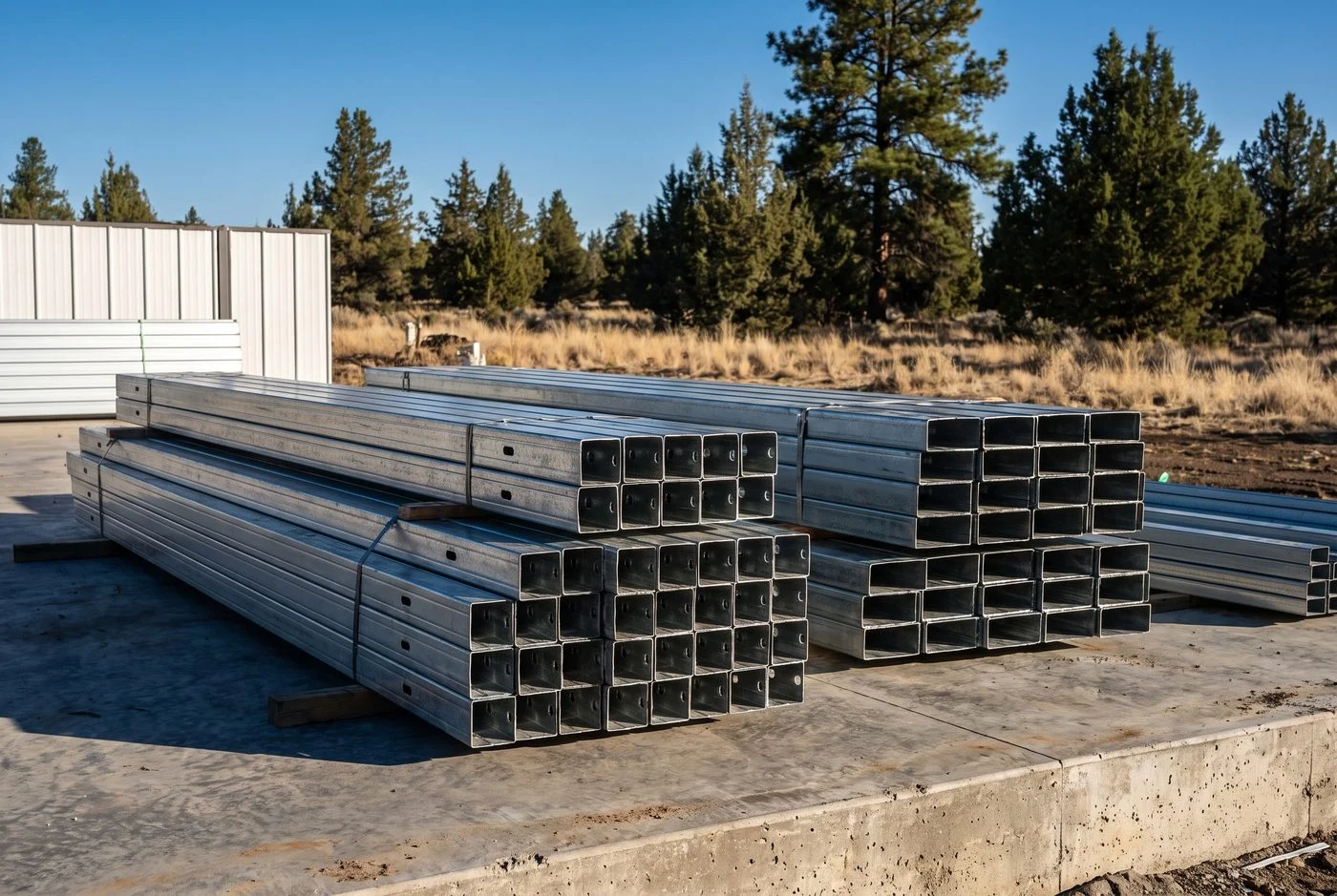 Bundled galvanized steel studs and track stacked on a concrete slab