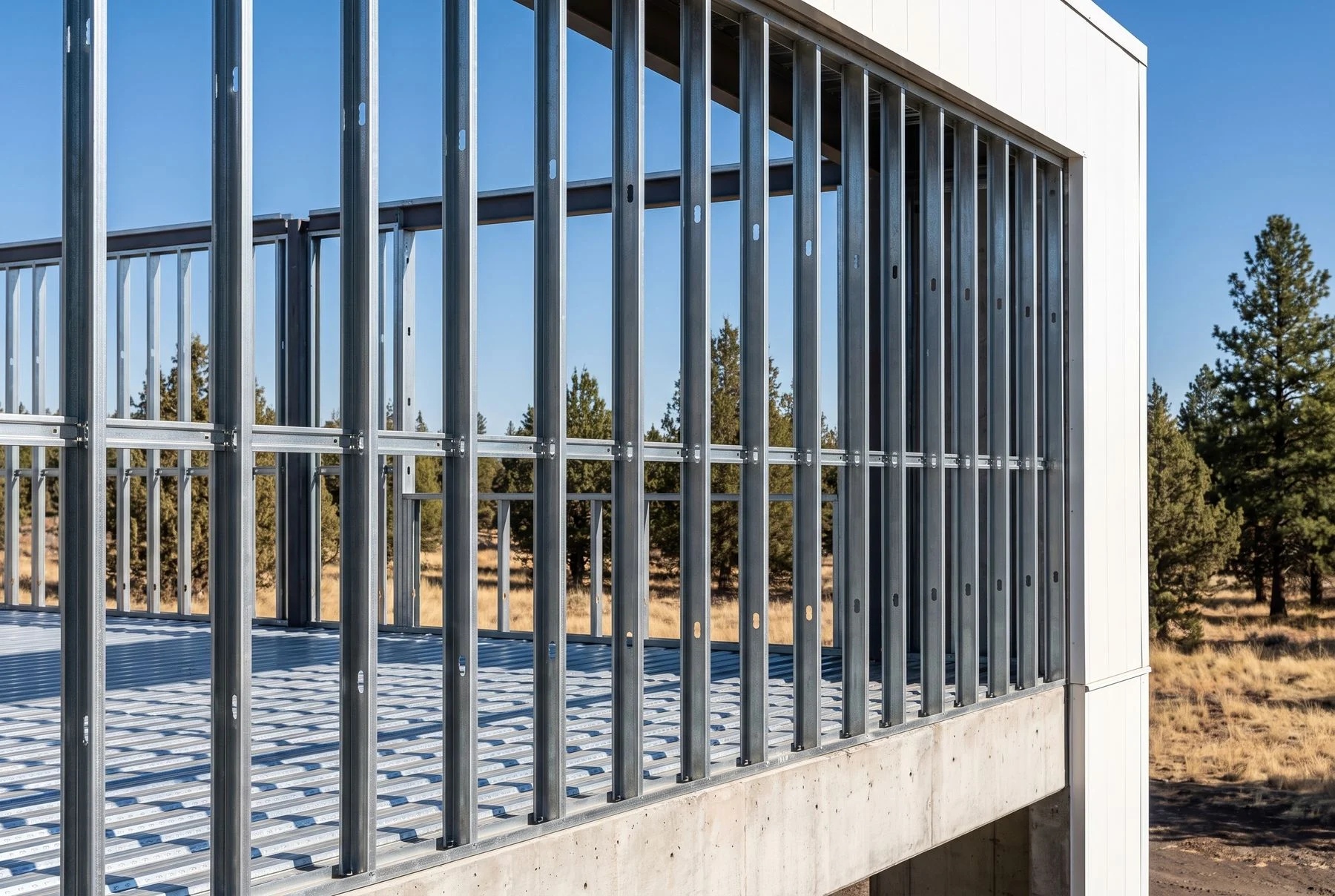 A load-bearing cold-formed steel wall part way through framing on an upper floor