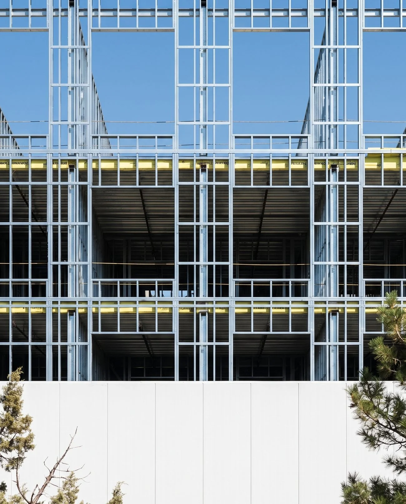 Multi-story cold-formed steel stud framing rising against a clear sky