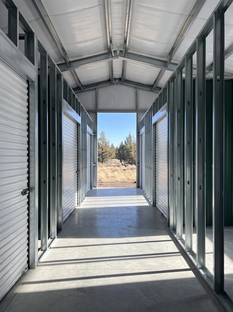 A lit interior corridor between two runs of storage units