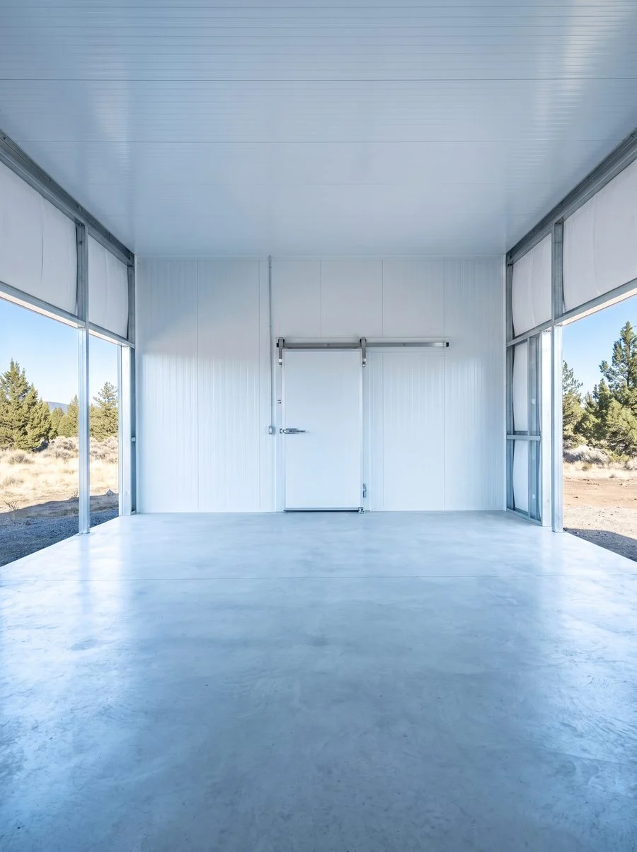 A sealed white insulated panel interior with a heavy insulated cold room door