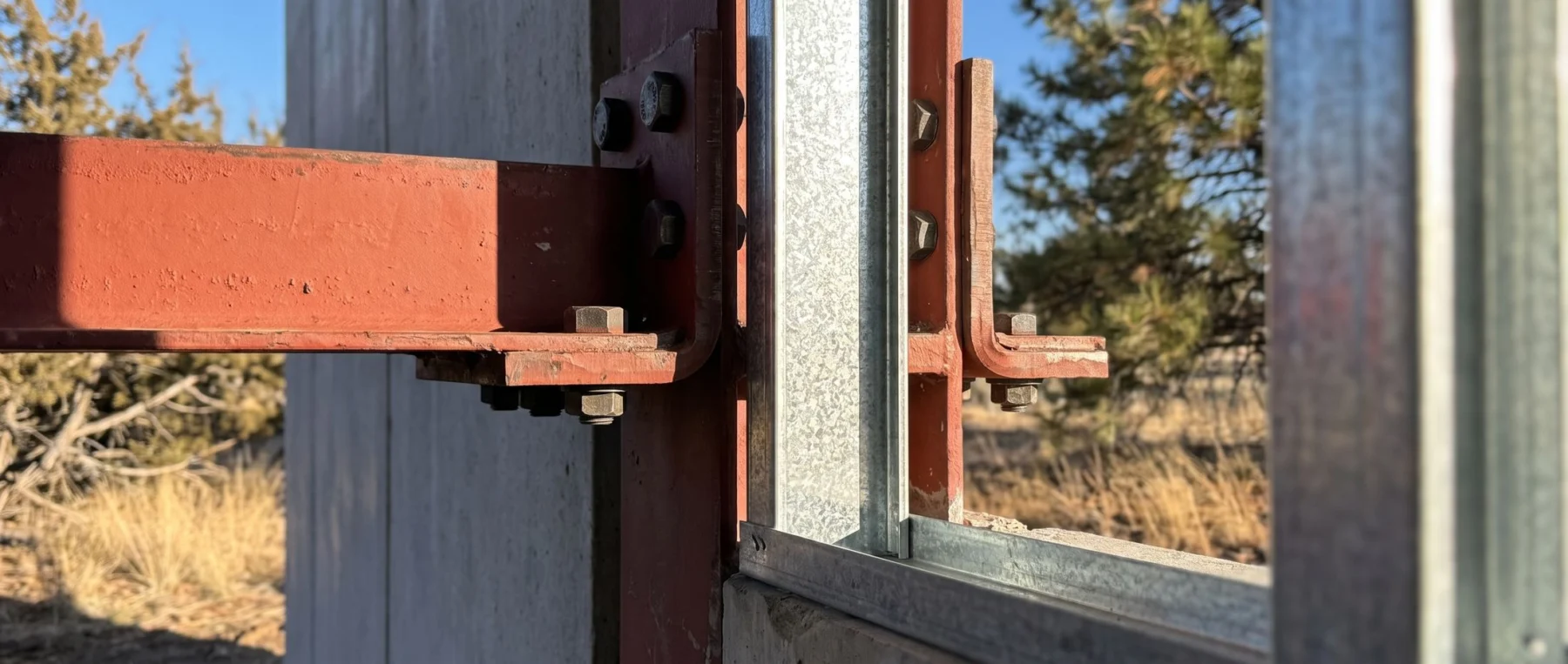 A bolted structural steel connection in raking light