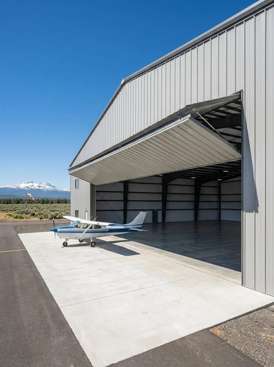 A clear-span steel aircraft hangar at a regional airport with its full-height bifold door open and a light aircraft on the apron