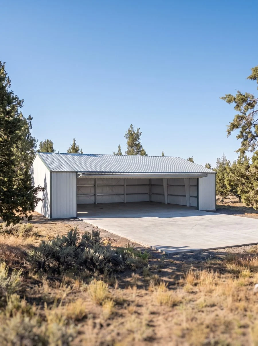 A clear-span steel hangar with its full-height door open on an empty interior