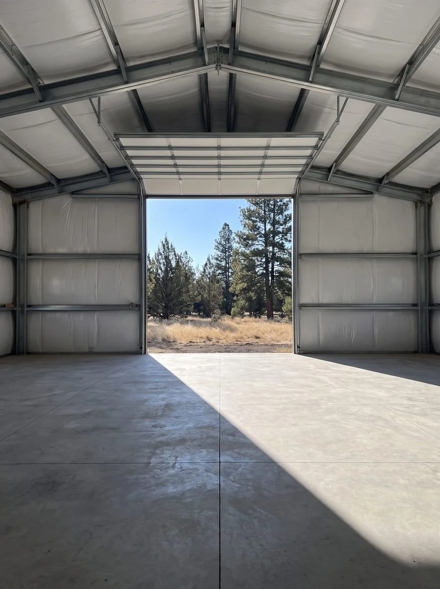 An open concrete shop floor under a primed steel frame with a tall overhead door open to daylight