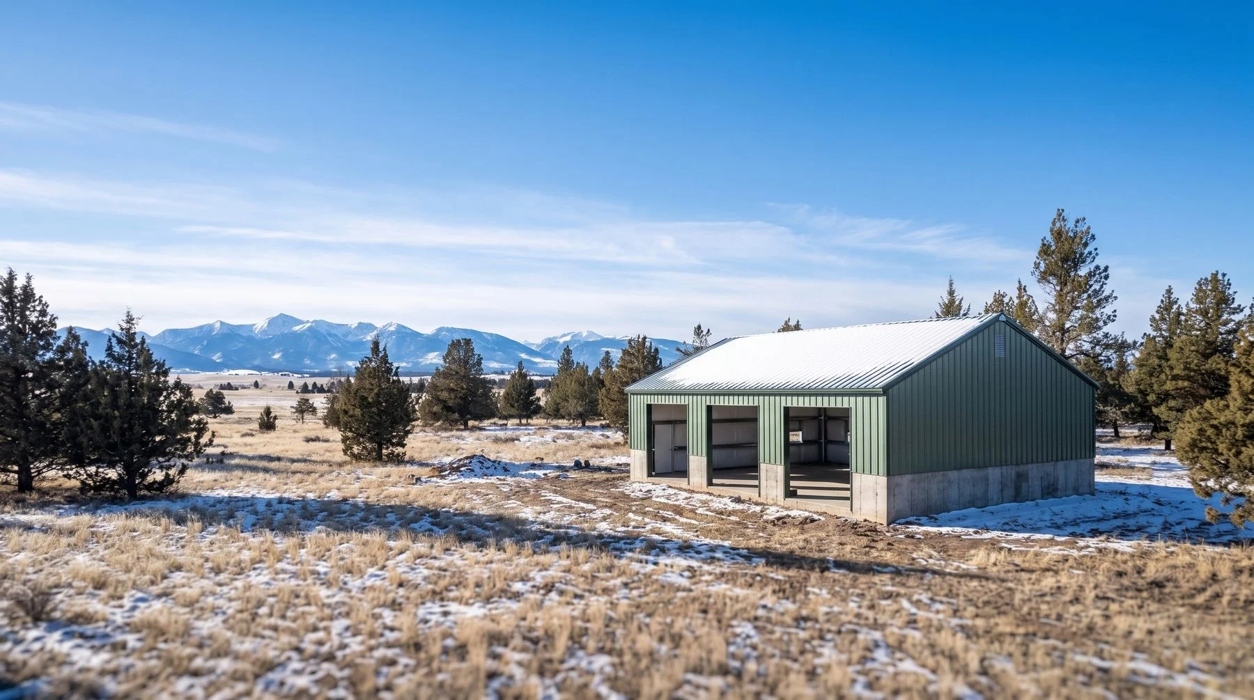 A commercial steel building in the Montana landscape