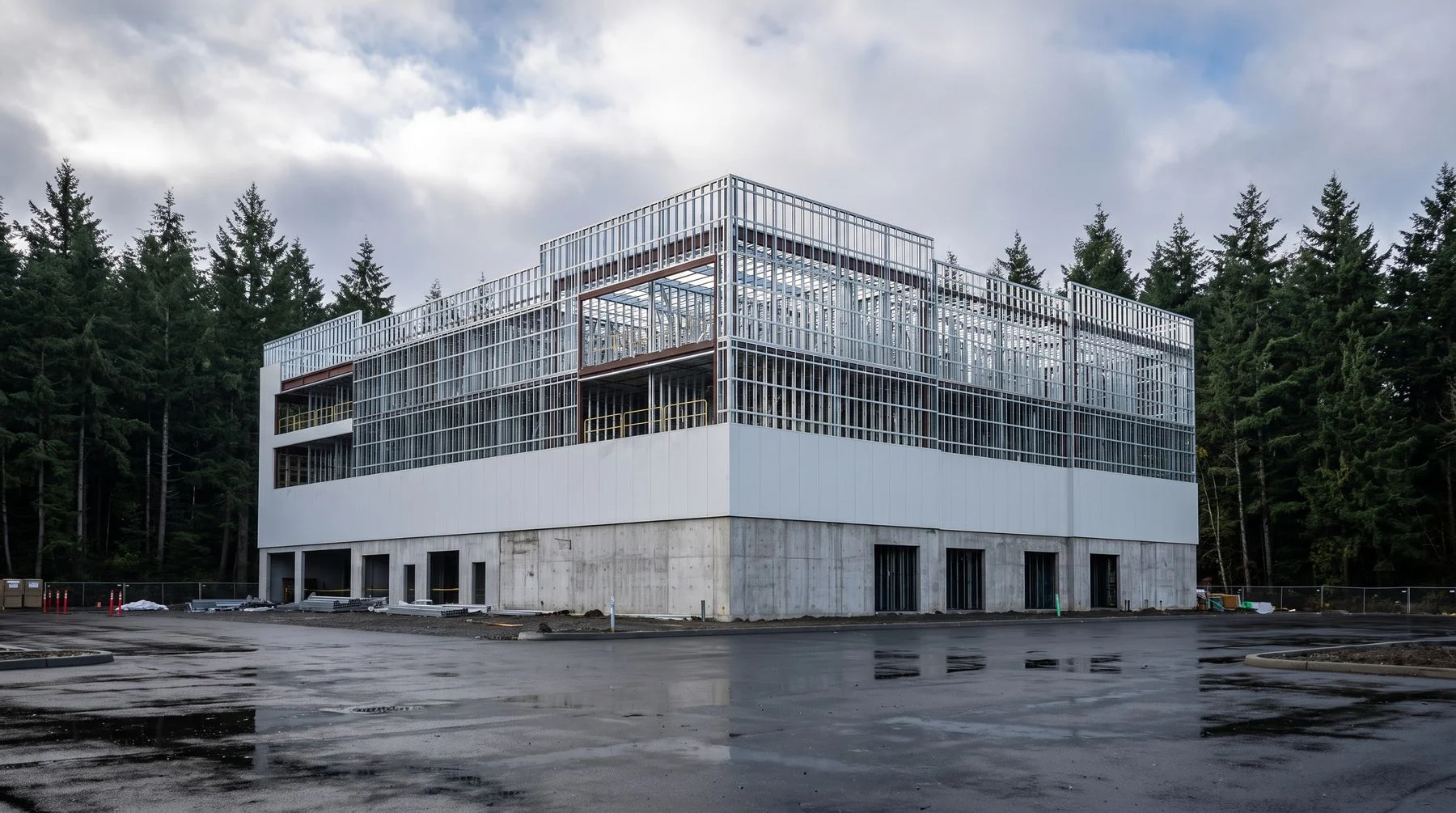 A commercial steel building in the Washington landscape