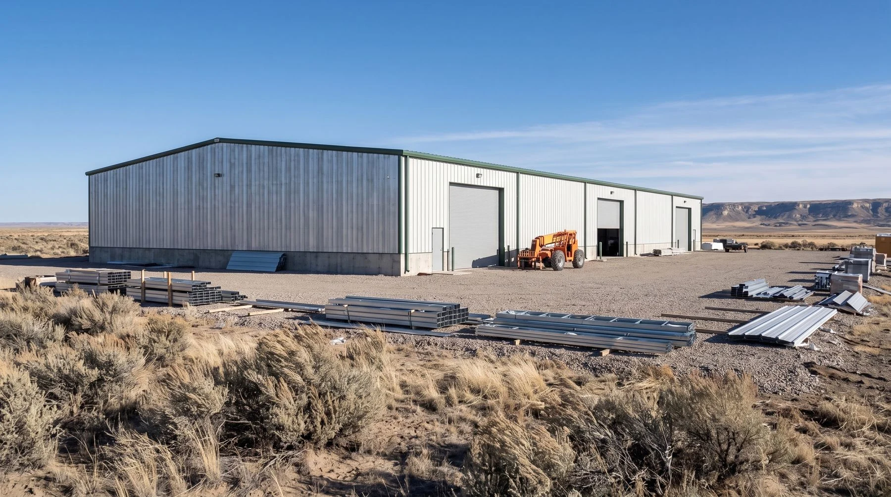 A commercial steel building in the Wyoming landscape