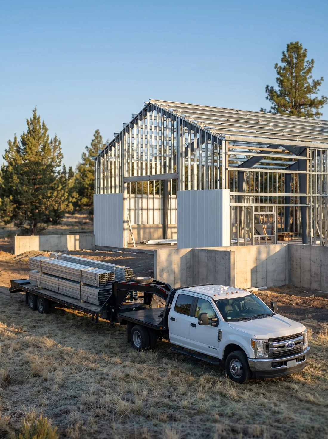 First light on a jobsite: a crew truck and a trailer loaded with bundled steel studs parked beside a partly framed steel building